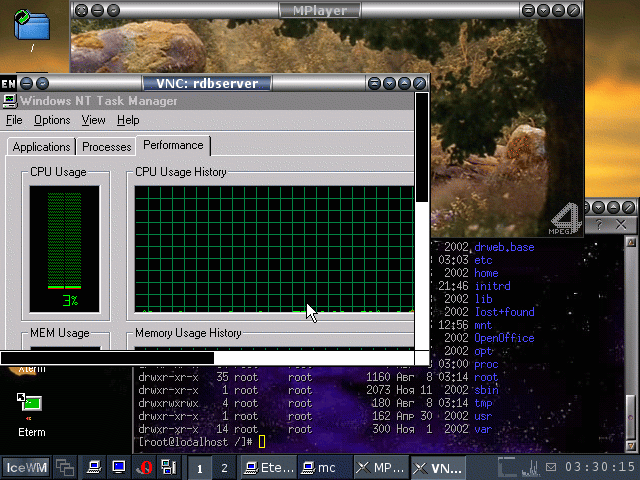Desktop with terminal, mplayer and VNC client